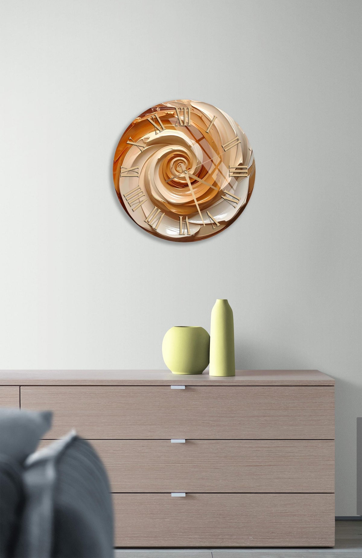 a modern living room with a wooden dresser, a decorative clock, and a vase on top of the dresser.
