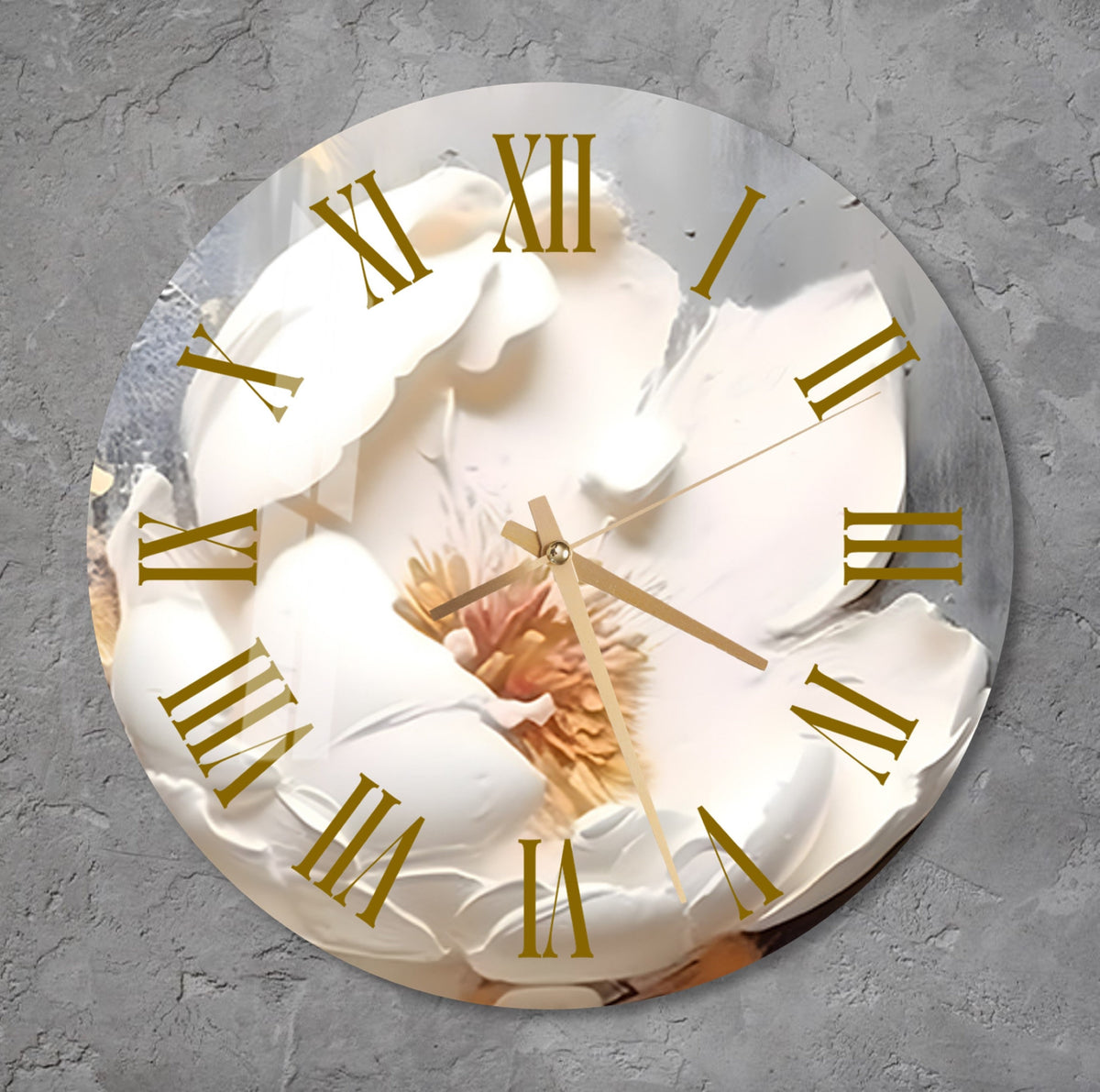 a white clock with gold numbers on a wall