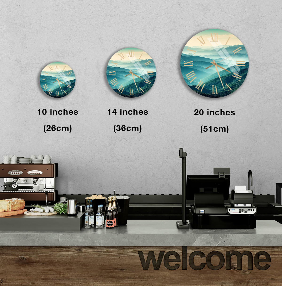 a coffee shop with three clocks on the wall