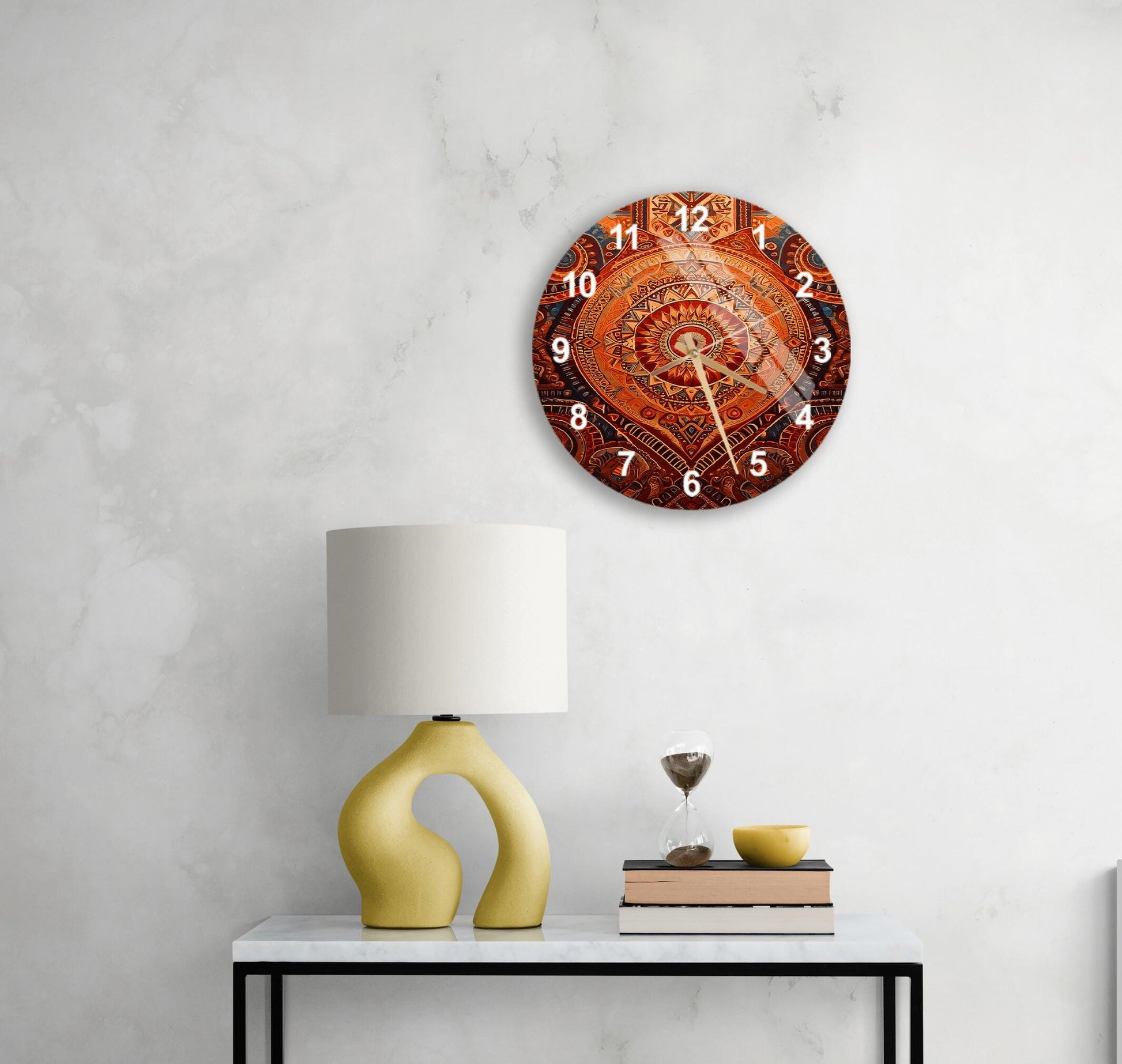 a table with a lamp and a clock on it