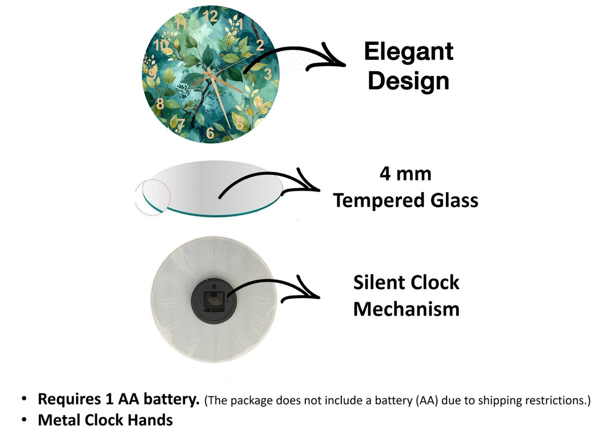 The image is a diagram that illustrates the features of a clock, including its design, size, and mechanism. It shows a 4 mm Tempered Glass clock, a silent clock mechanism, and a metal clock hand. The diagram also includes text that explains the features of the clock, such as the requirement of a 1 AA battery and the absence of a battery (AA) due to shipping restrictions.