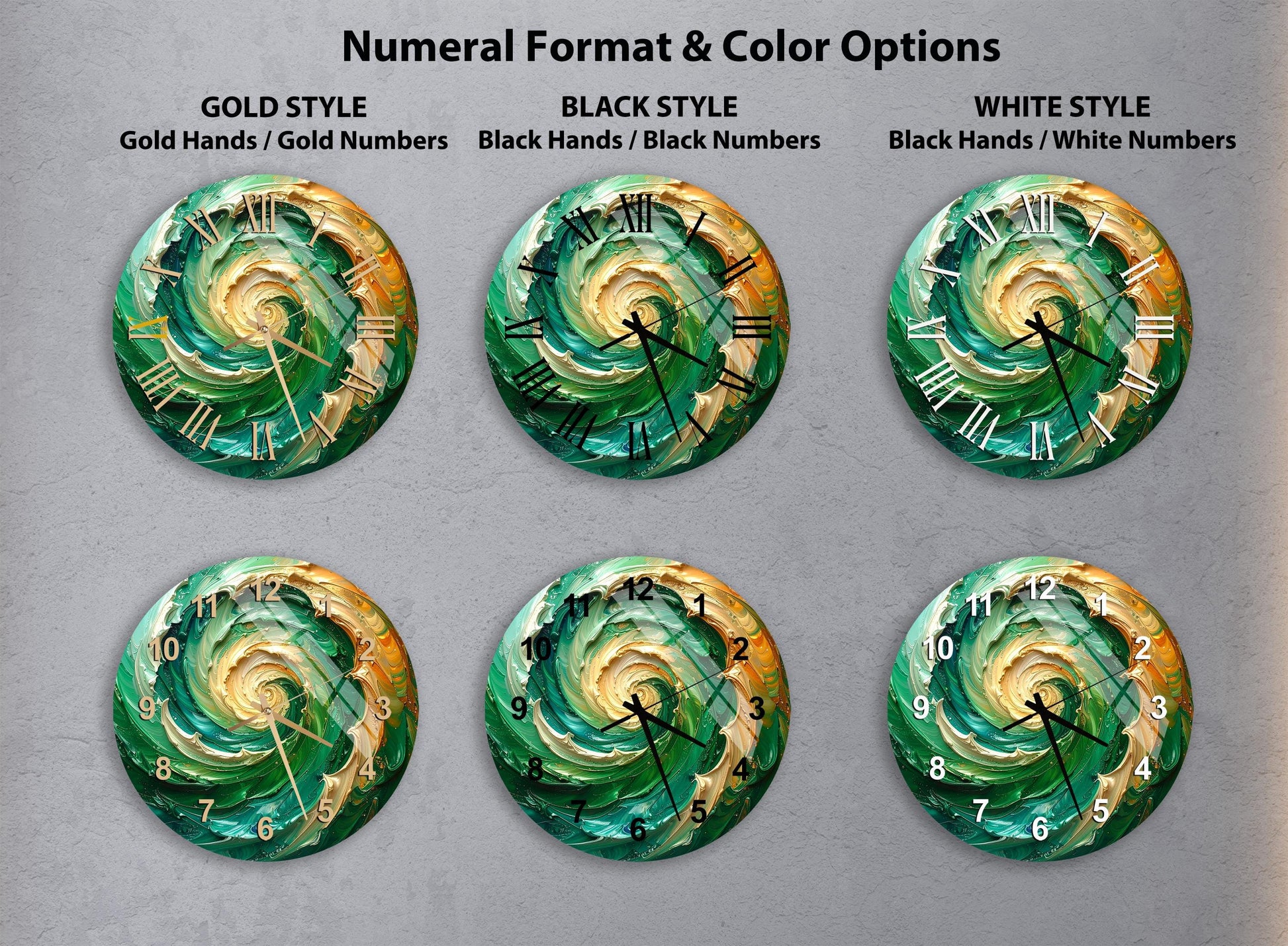 six different clock designs, each with a unique color and style, arranged in a grid format.