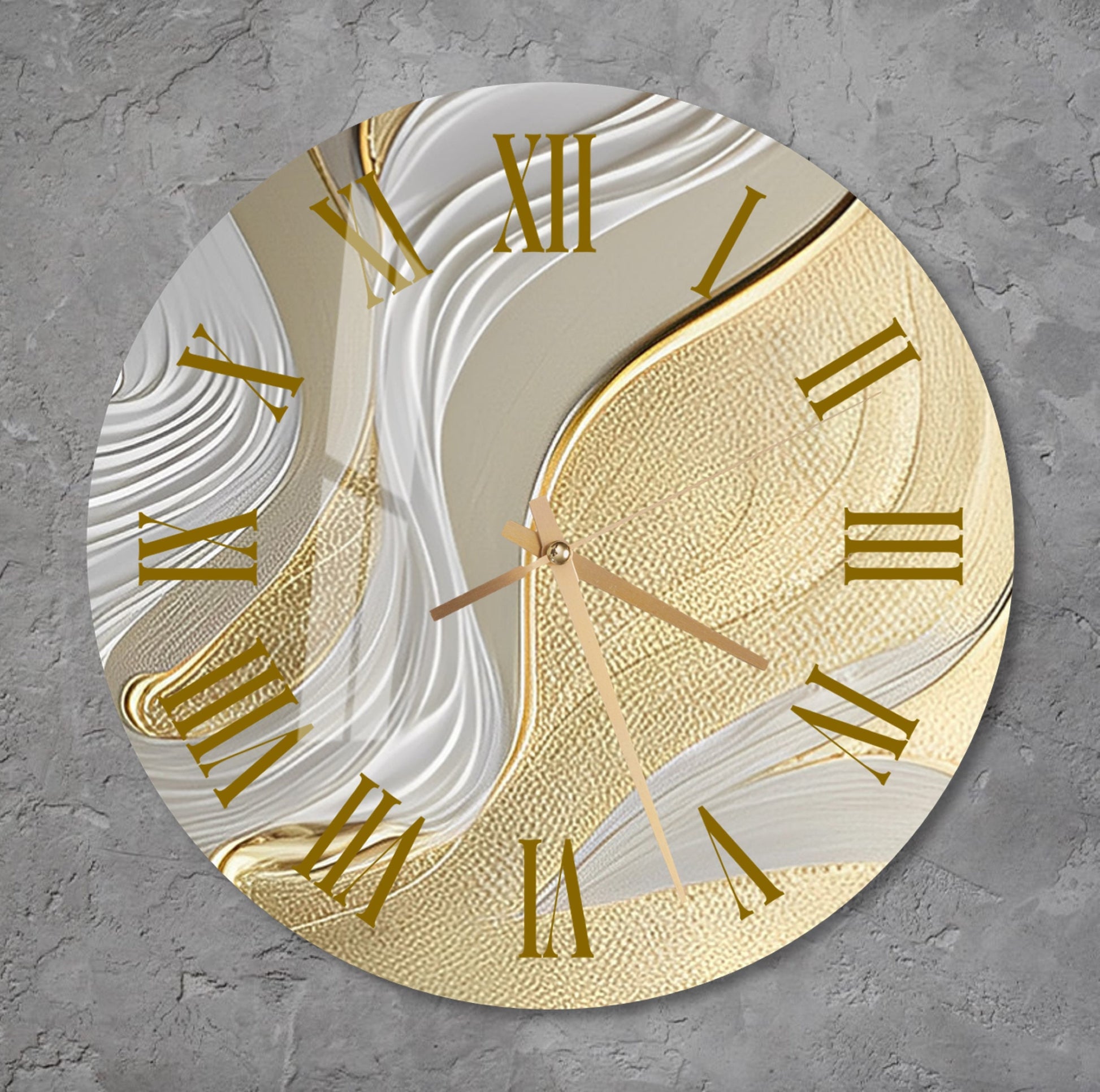 a gold and white clock with roman numerals