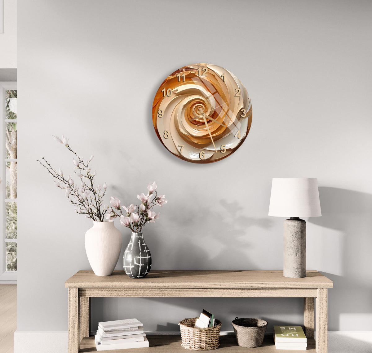 a modern living room with a wooden console table, a lamp, a vase with flowers, and a clock on the wall.