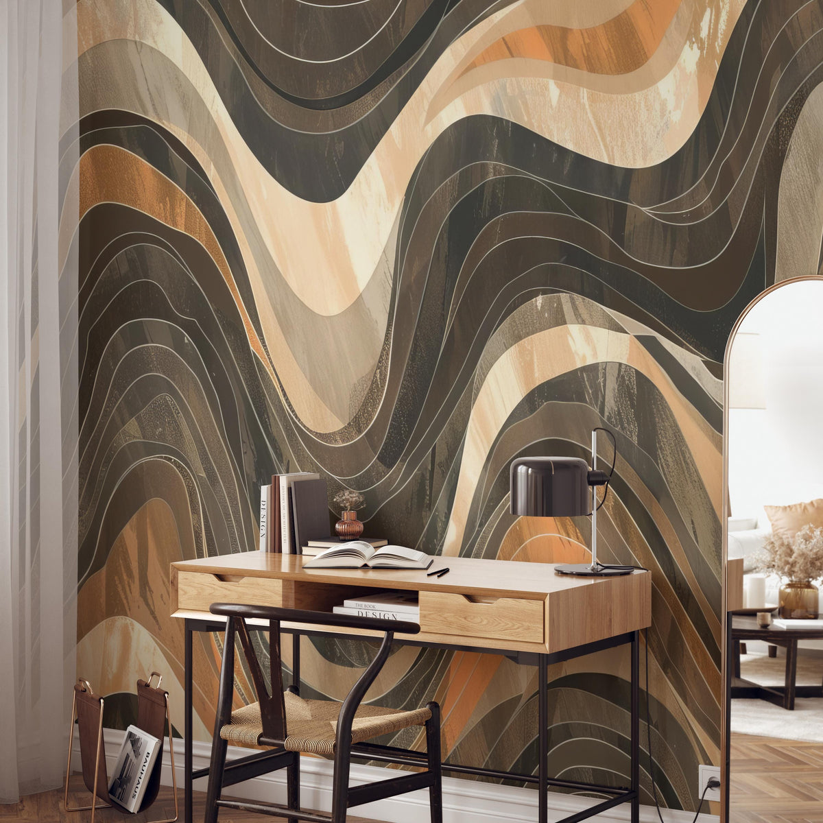 a modern workspace with a wooden desk and a black chair, set against a large abstract wall mural with a wave-like pattern in shades of brown, orange, and gray.