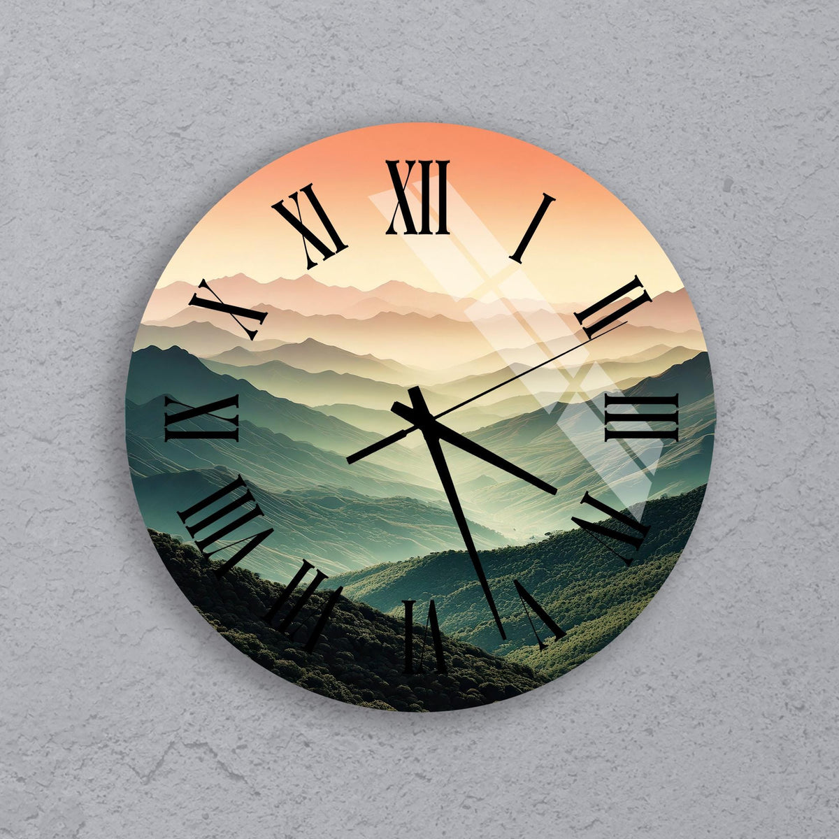 a clock on a wall with a view of mountains