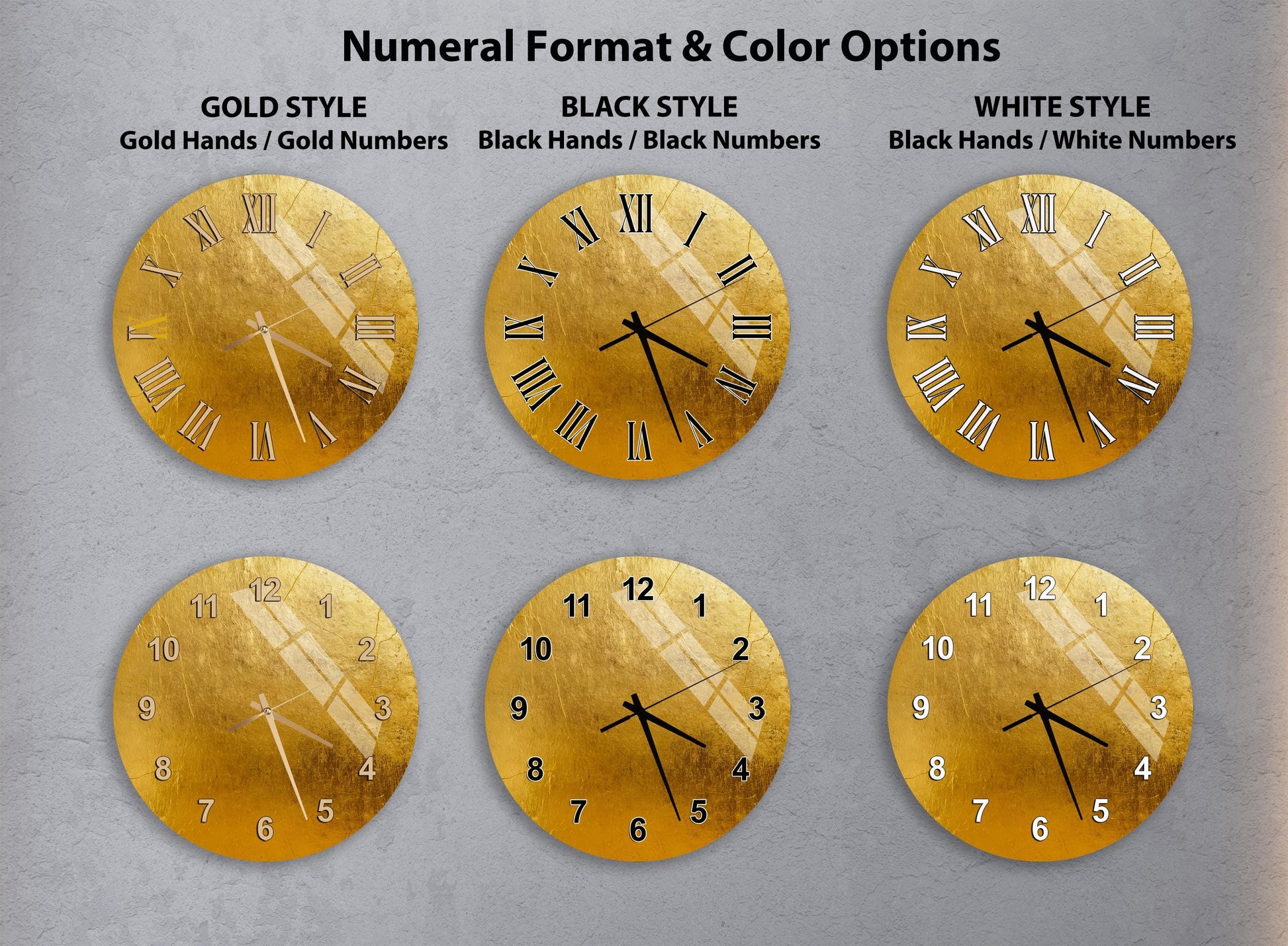 a collection of six gold-colored wall clocks with different styles and color options, arranged in a grid format.