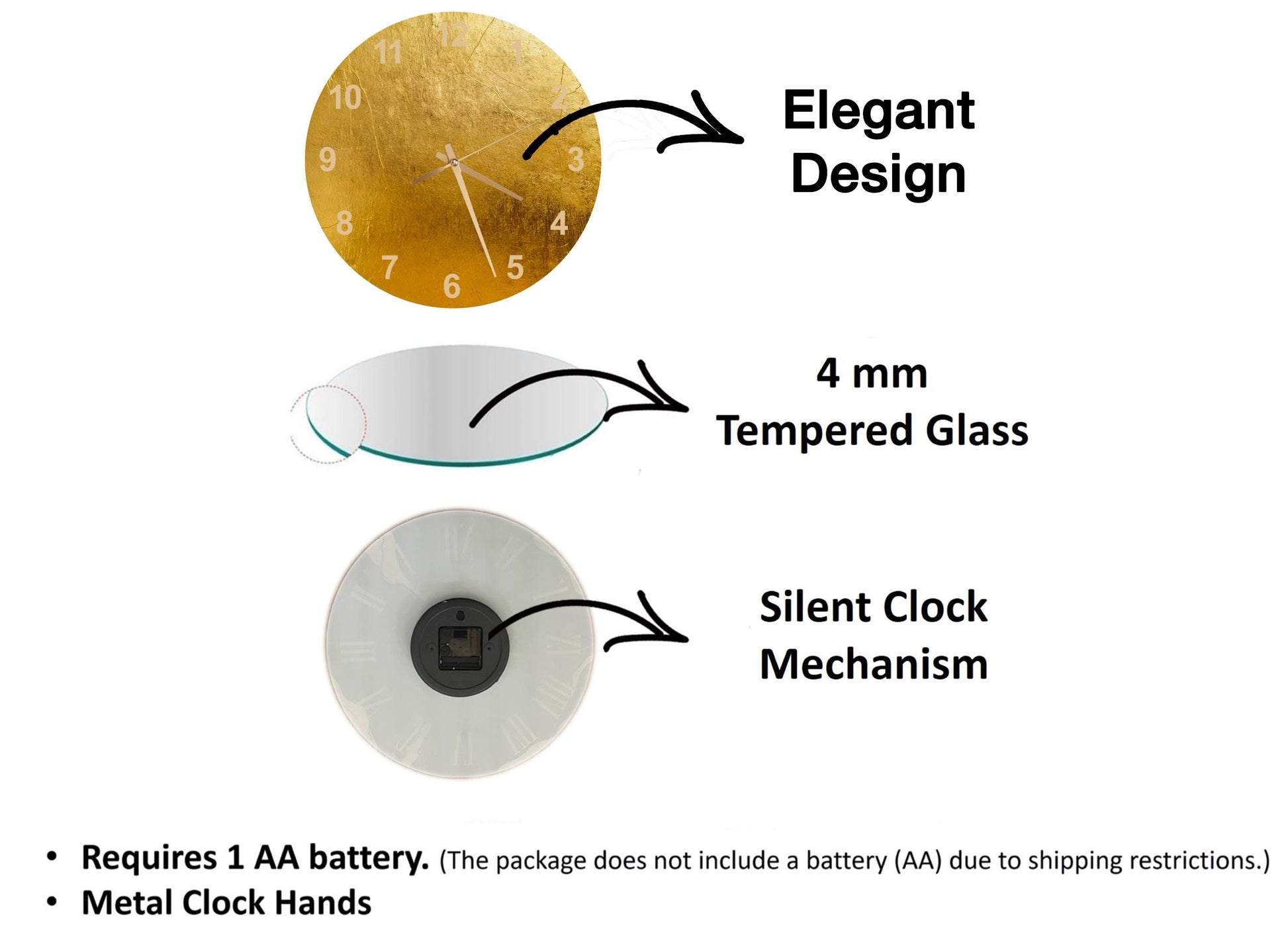 three different clock designs, each with its own unique features and specifications. The first clock is a gold-colored, 4 mm Tempered Glass clock, which requires a 1 AA battery. The second clock is a silent clock mechanism, and the third clock is a metal clock hands clock. The image does not include any batteries, and the package does not include a battery (AA) due to shipping restrictions.