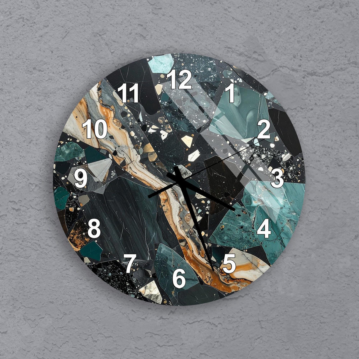 A wall clock with a unique, abstract design featuring a combination of black, green, and orange colors.