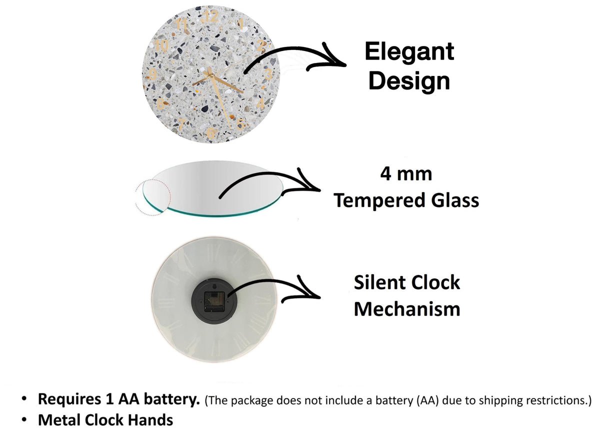 The image is a diagram that illustrates the components of a clock, including the elegant design, the 4 mm Tempered Glass, and the silent clock mechanism.