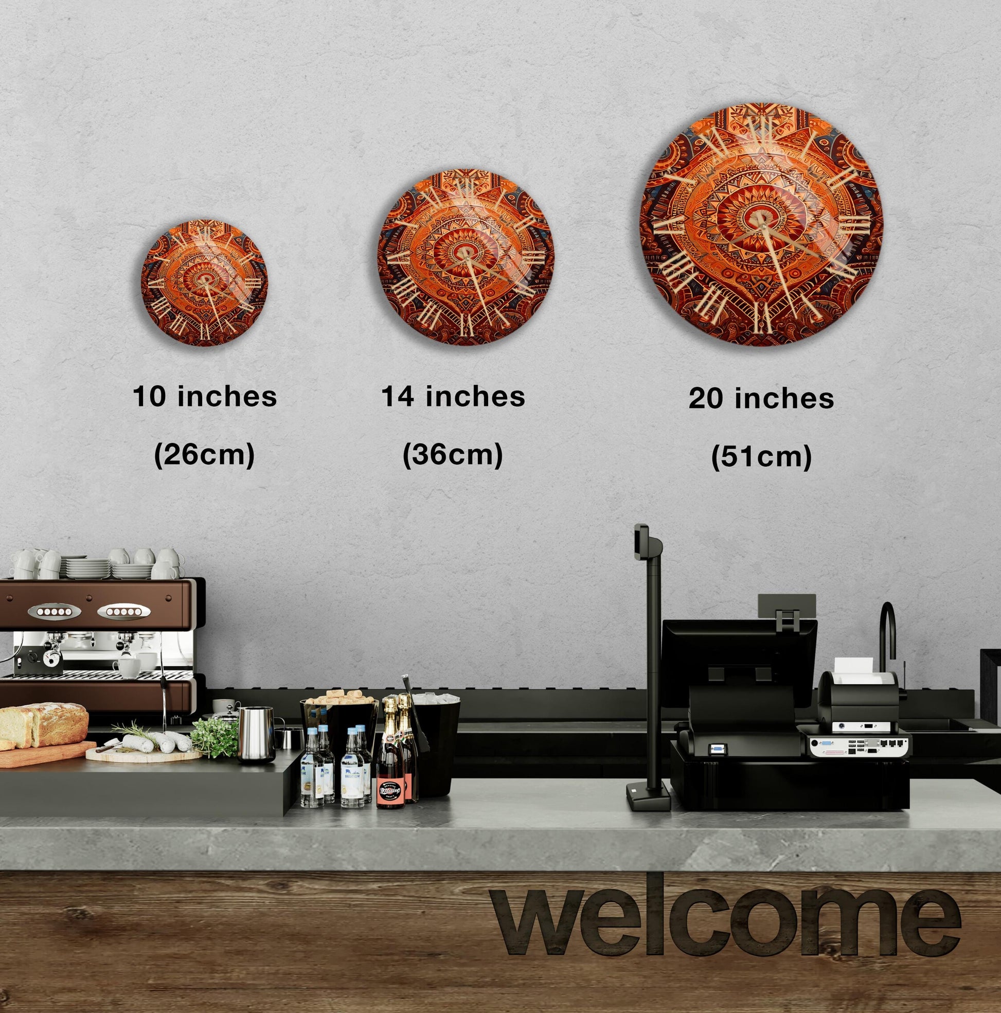 a coffee shop with three clocks on the wall