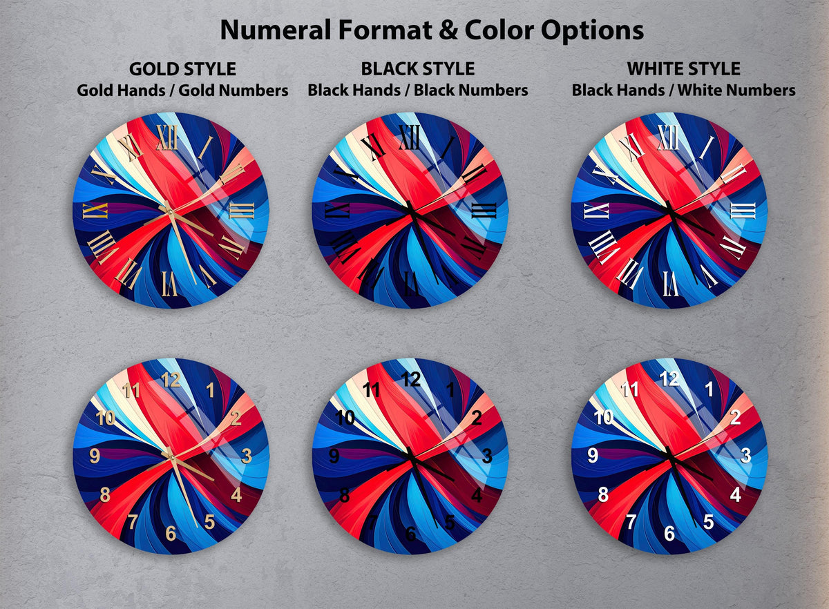 six different clock designs with various color schemes and styles, including gold, black, white, and black and white.