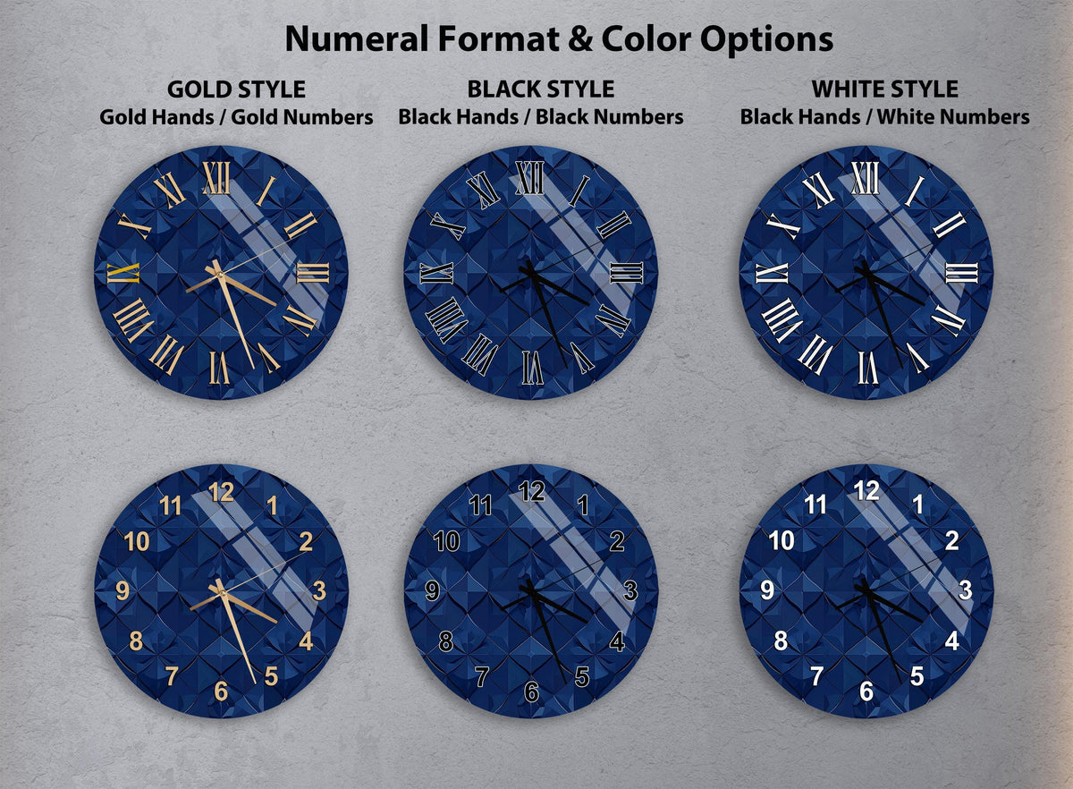 a collection of six clock faces in various styles, including gold hands, gold numbers, black hands, black numbers, white hands, and black numbers.