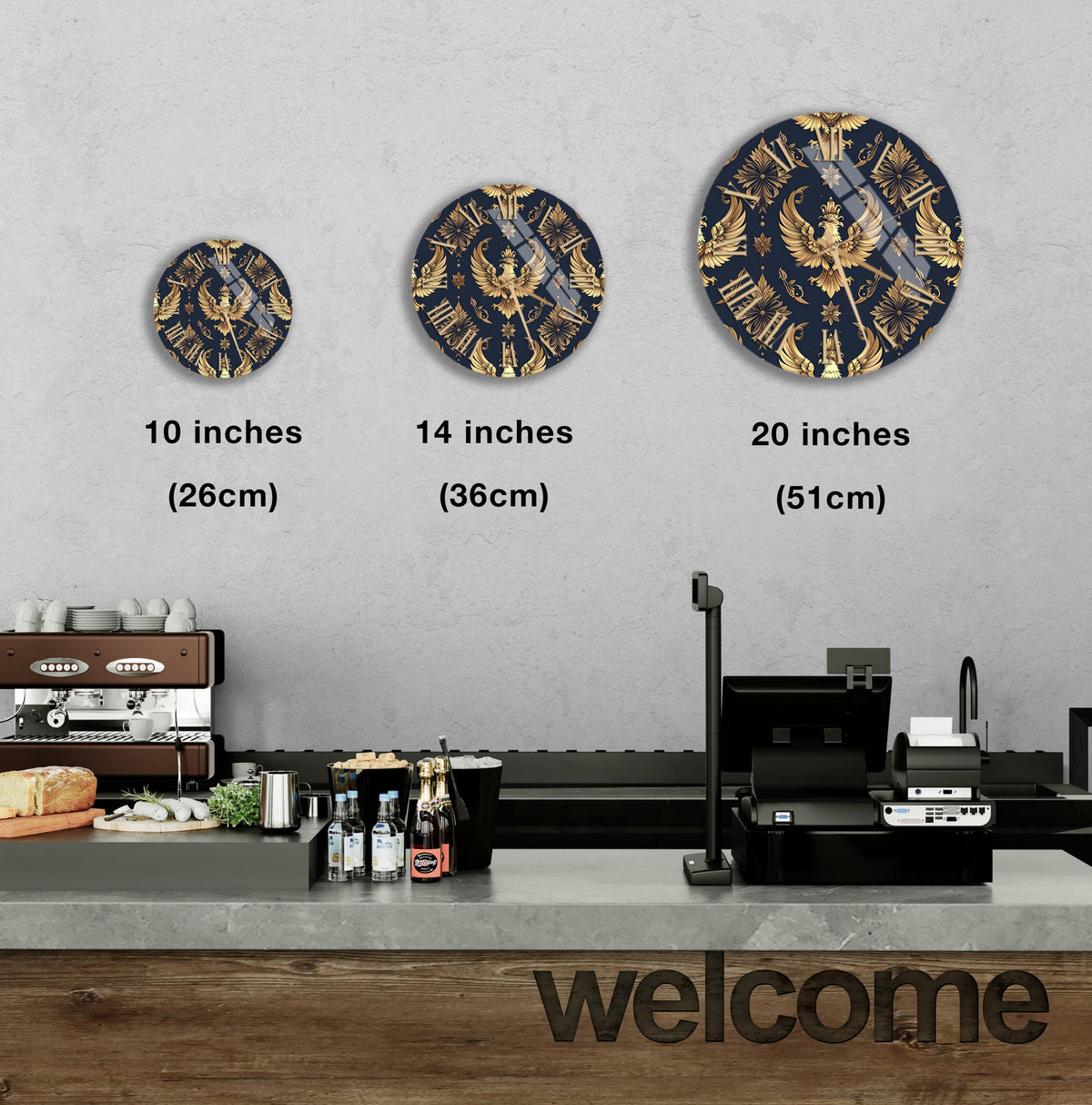 a counter in a restaurant with a welcome sign, and three decorative plates of different sizes are displayed on the wall above the counter.