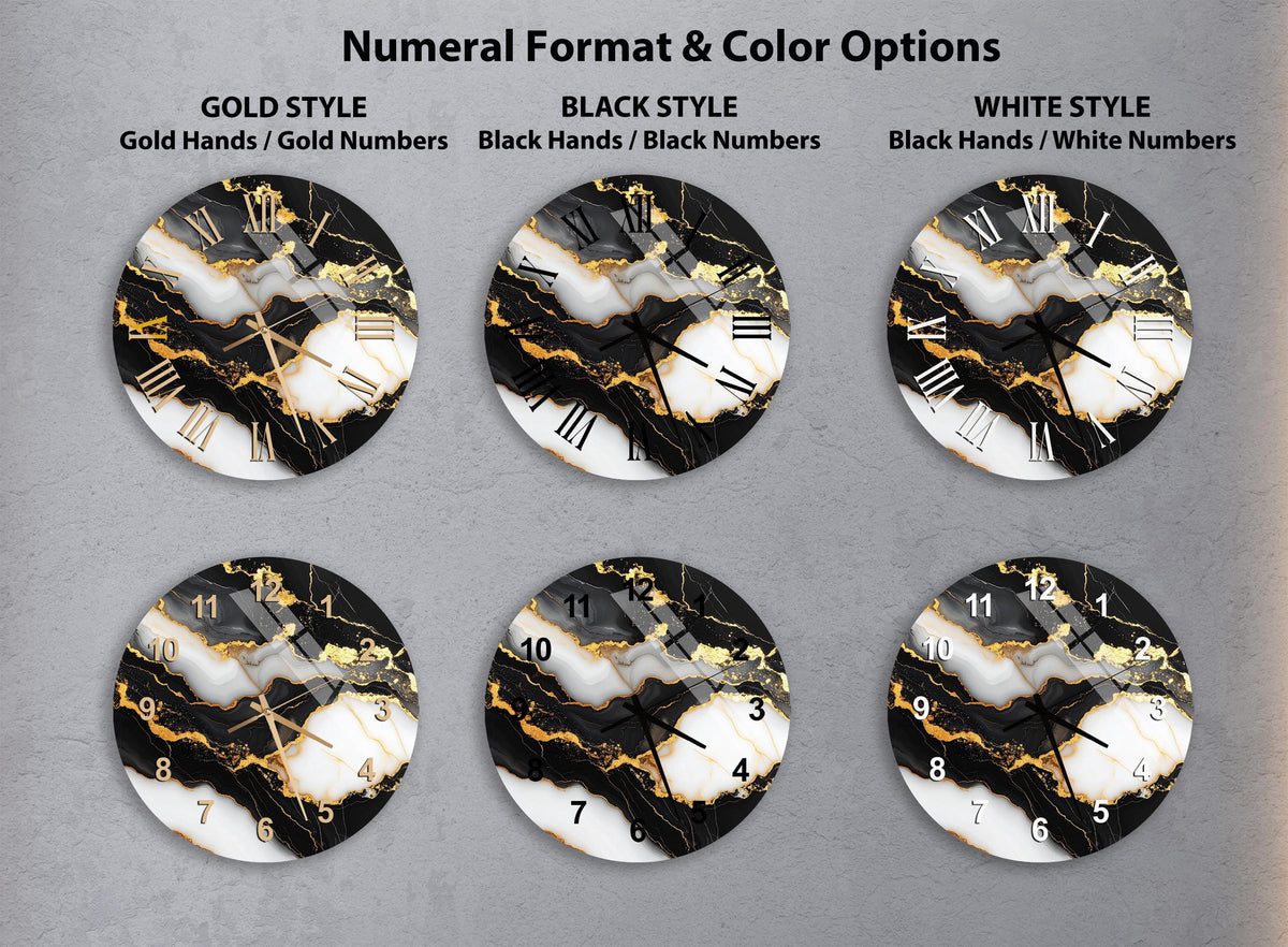 a collection of six clock faces with different styles and color options, including gold hands, black hands, and white numbers.