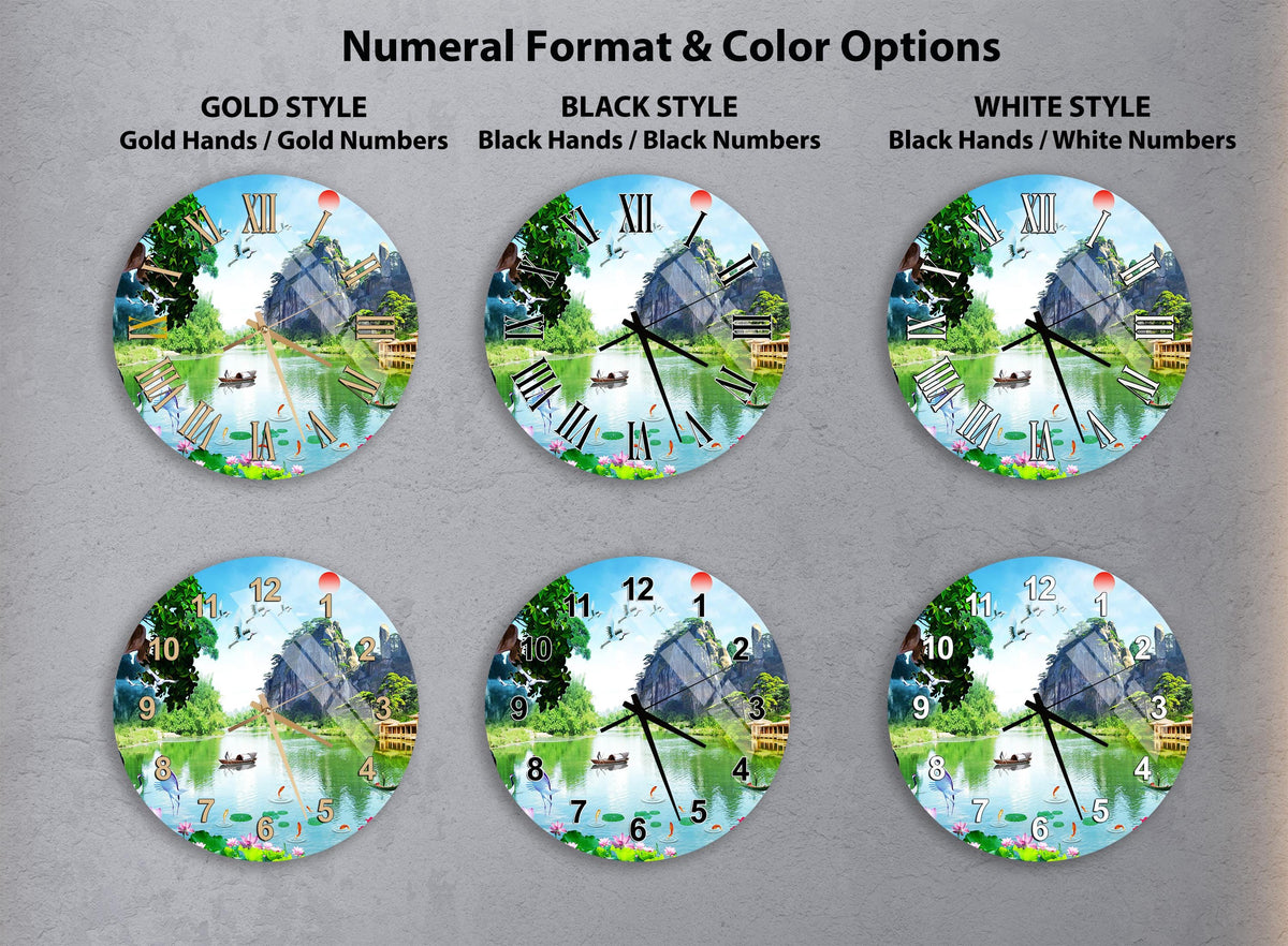 a collection of six clock faces, each with a different color and style, arranged in a grid. The clocks feature various landscapes, such as a river, trees, and buildings, as well as different color schemes, including gold, black, white, and black and white.