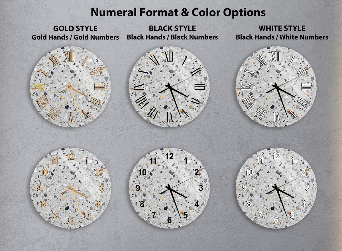 a collection of six different wall clocks, each with a unique design and color scheme. The clocks are arranged in a grid format, with two clocks in each row and two clocks in each column. The clocks feature various styles, including gold hands, black hands, and white numbers, creating a visually appealing and diverse display.