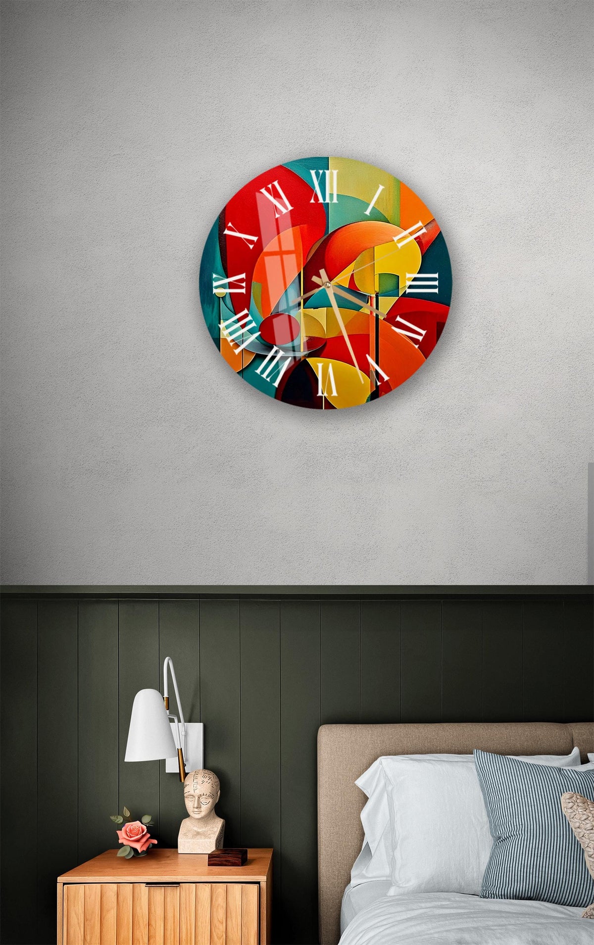 a bedroom with a bed and a clock on the wall