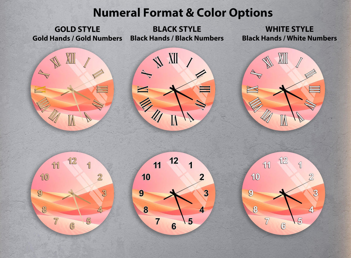 six different clock designs, each with a unique color and style, arranged in a grid format.