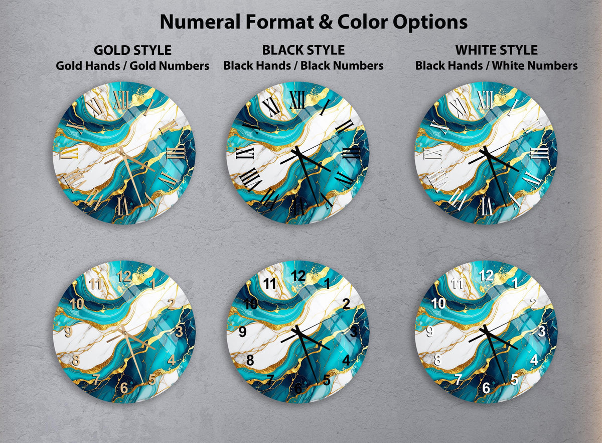 a collection of six round wall clocks with different color and style options, including gold, black, white, and marble-style designs.
