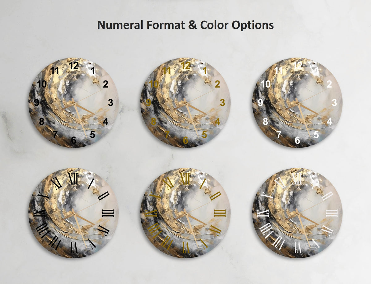a set of four clocks sitting on top of a wall