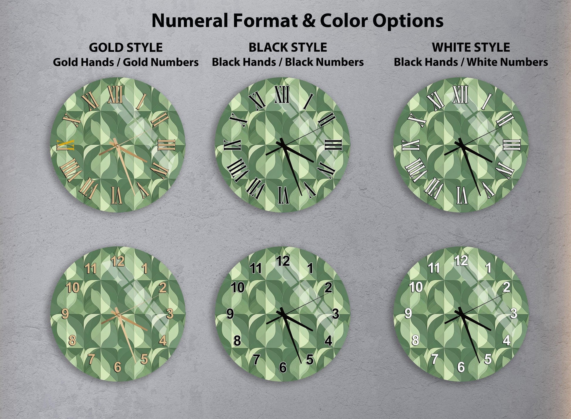 a collection of six clock faces with different styles and color options, including gold, black, white, and green leaf patterns.