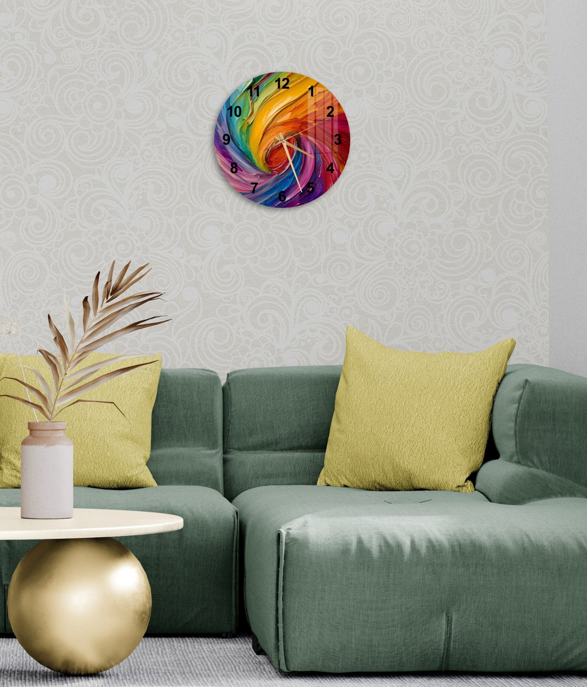 a living room with a green couch and a colorful clock on the wall
