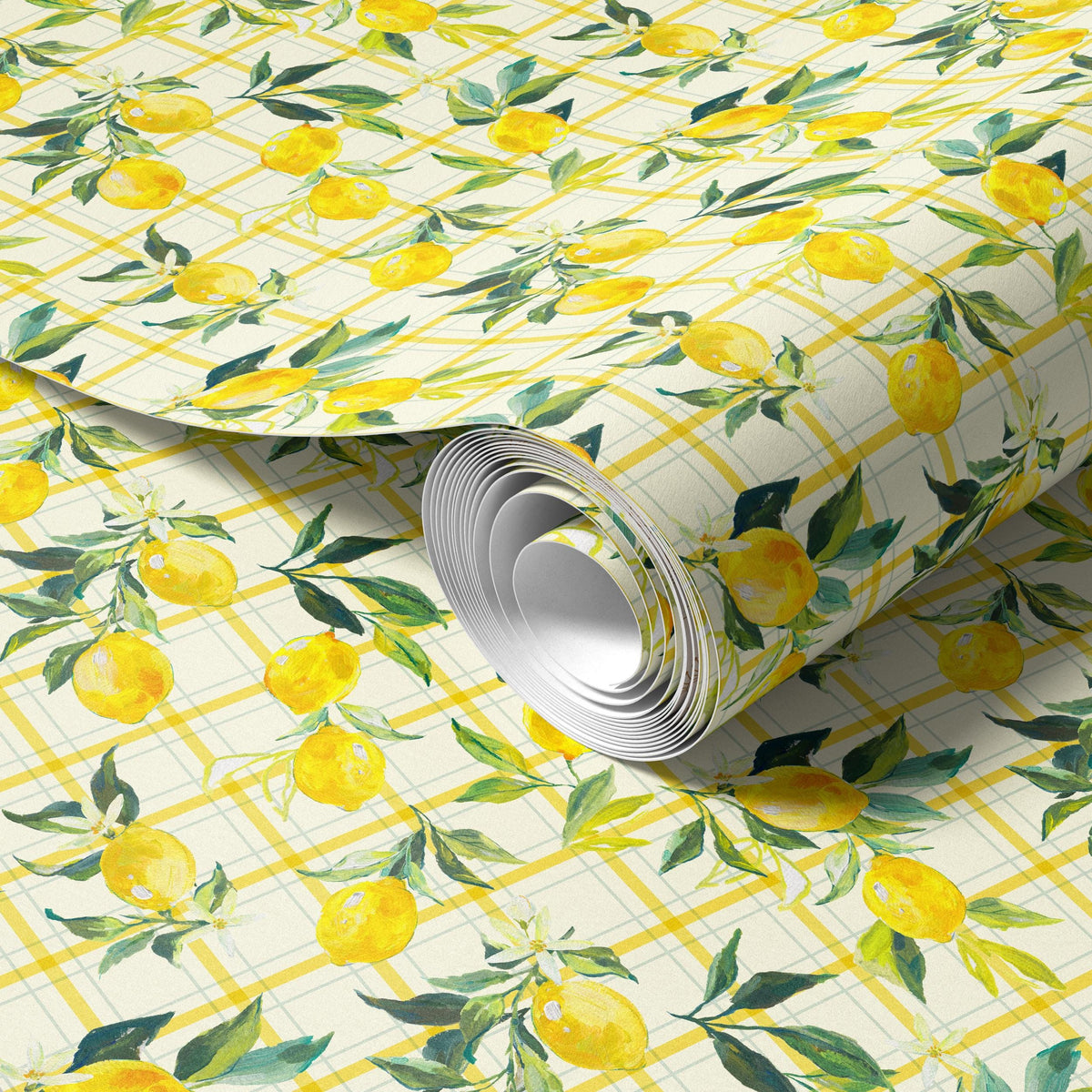 a roll of wallpaper with a repeating pattern of yellow lemons and green leaves.