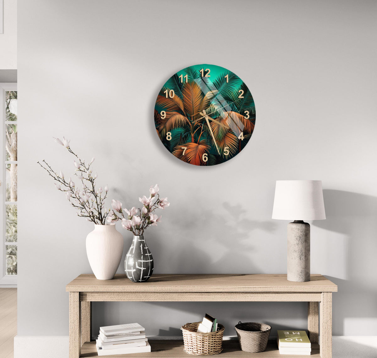 a clock on the wall of a living room