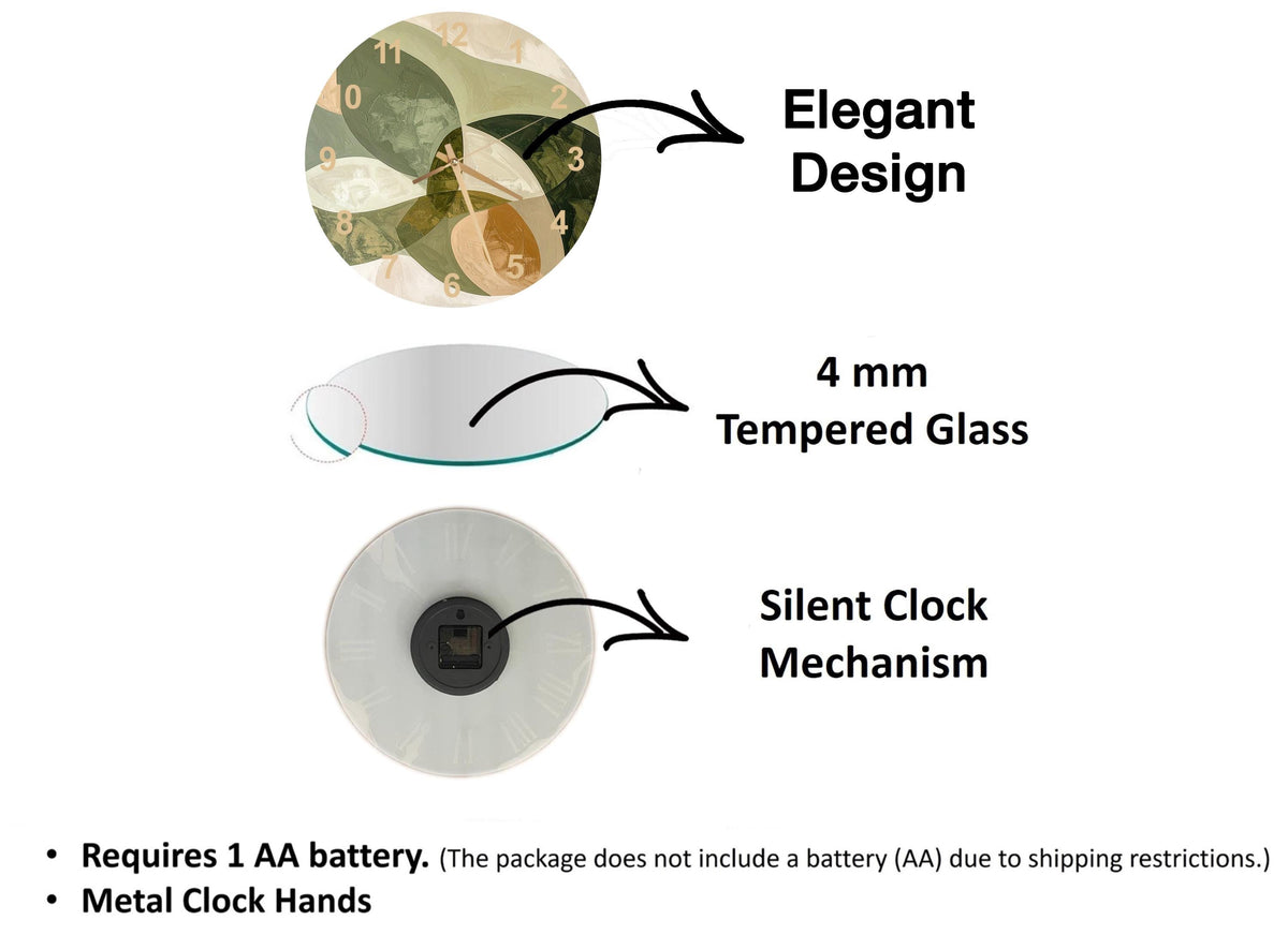 The image is a diagram that illustrates the features of a clock, including the type of glass used, the mechanism, and the battery requirements.