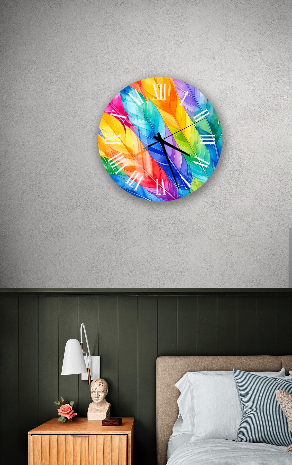 a bedroom setting with a colorful wall clock hanging above a bed.