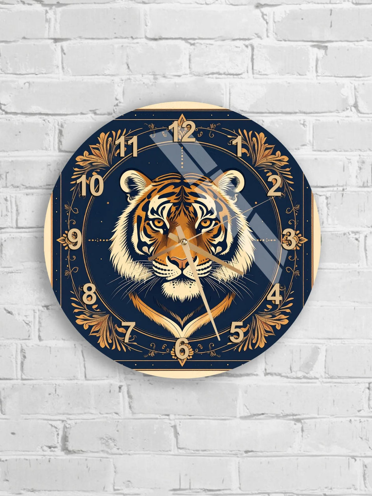 A wall clock with a tiger's face design on a dark blue background.