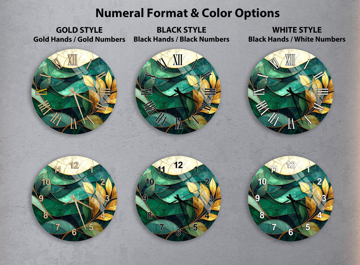 a collection of six clock faces with different styles and color options, including gold hands, black hands, black numbers, gold numbers, black hands, and white numbers.