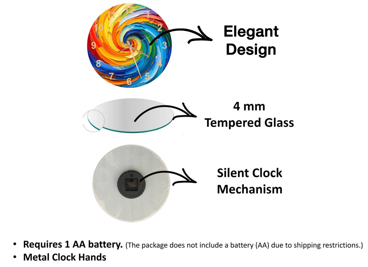 The image is a diagram comparing three different clock mechanisms, each with its own unique features. The first clock mechanism is an elegant design that requires a 1 AA battery, as indicated by the text. The second clock mechanism is a temperoped glass clock, which does not require a battery. The third clock mechanism is a silent clock mechanism, which does not include a battery (AA) due to shipping restrictions.
