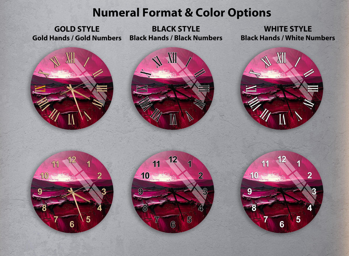 a collection of six clock faces with different styles and color options, including gold hands, black hands, black numbers, black numbers, white hands, and white numbers.