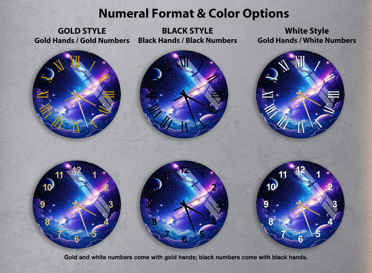 a set of four clocks with different designs on them