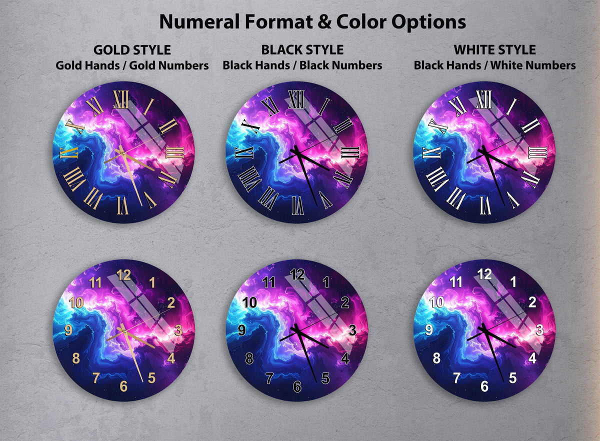 six different clock faces with various styles and color options, including gold, black, white, and black and white.