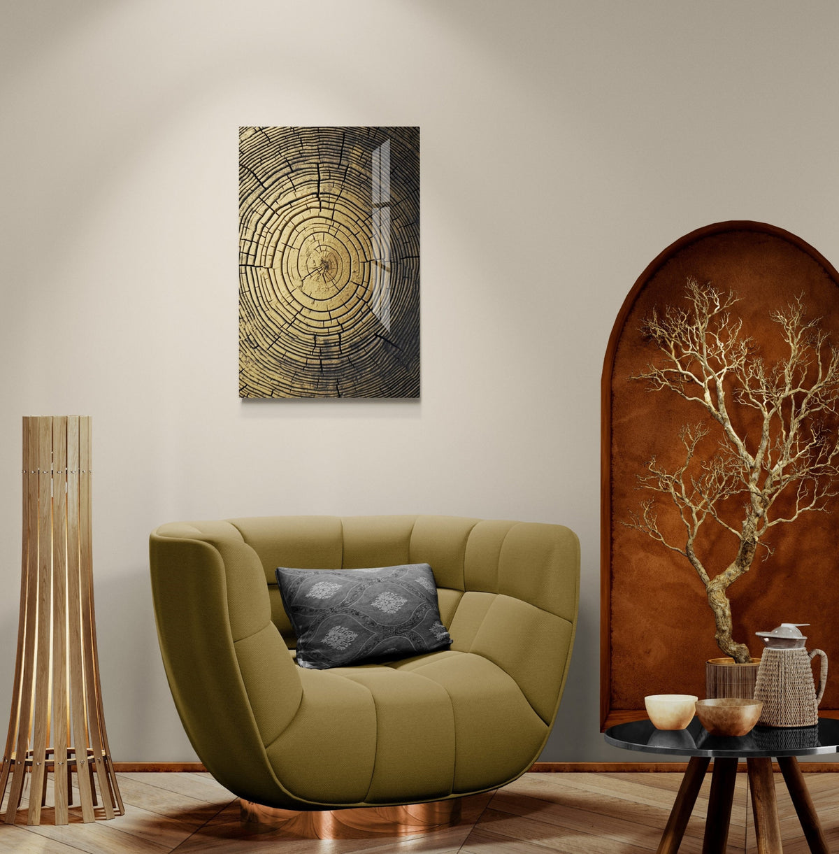 a living room with a chair and a table