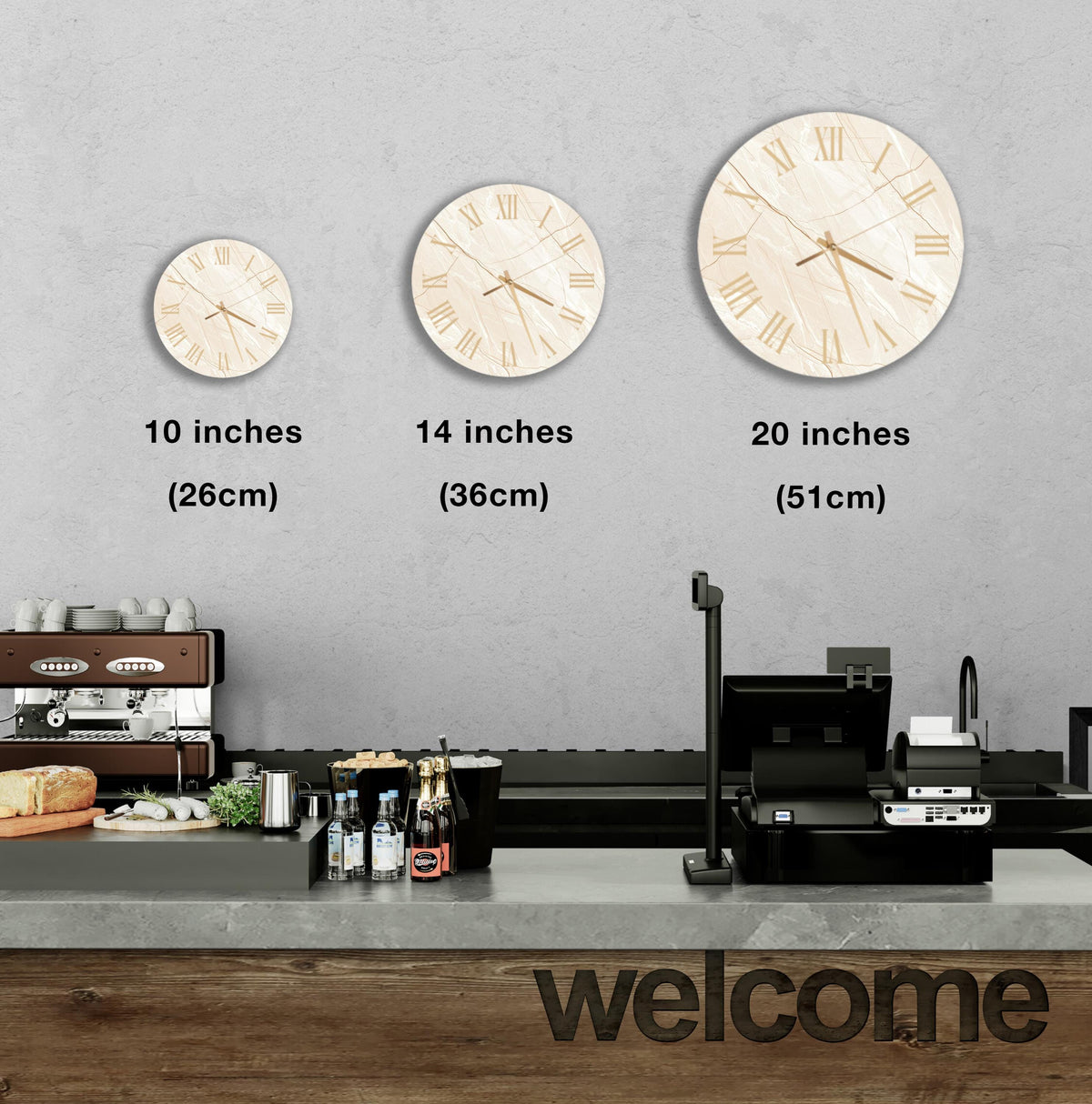 a counter with a cash register, a coffee machine, and a welcome sign. There are three clocks displayed on the wall, each at different sizes, indicating the time in inches.