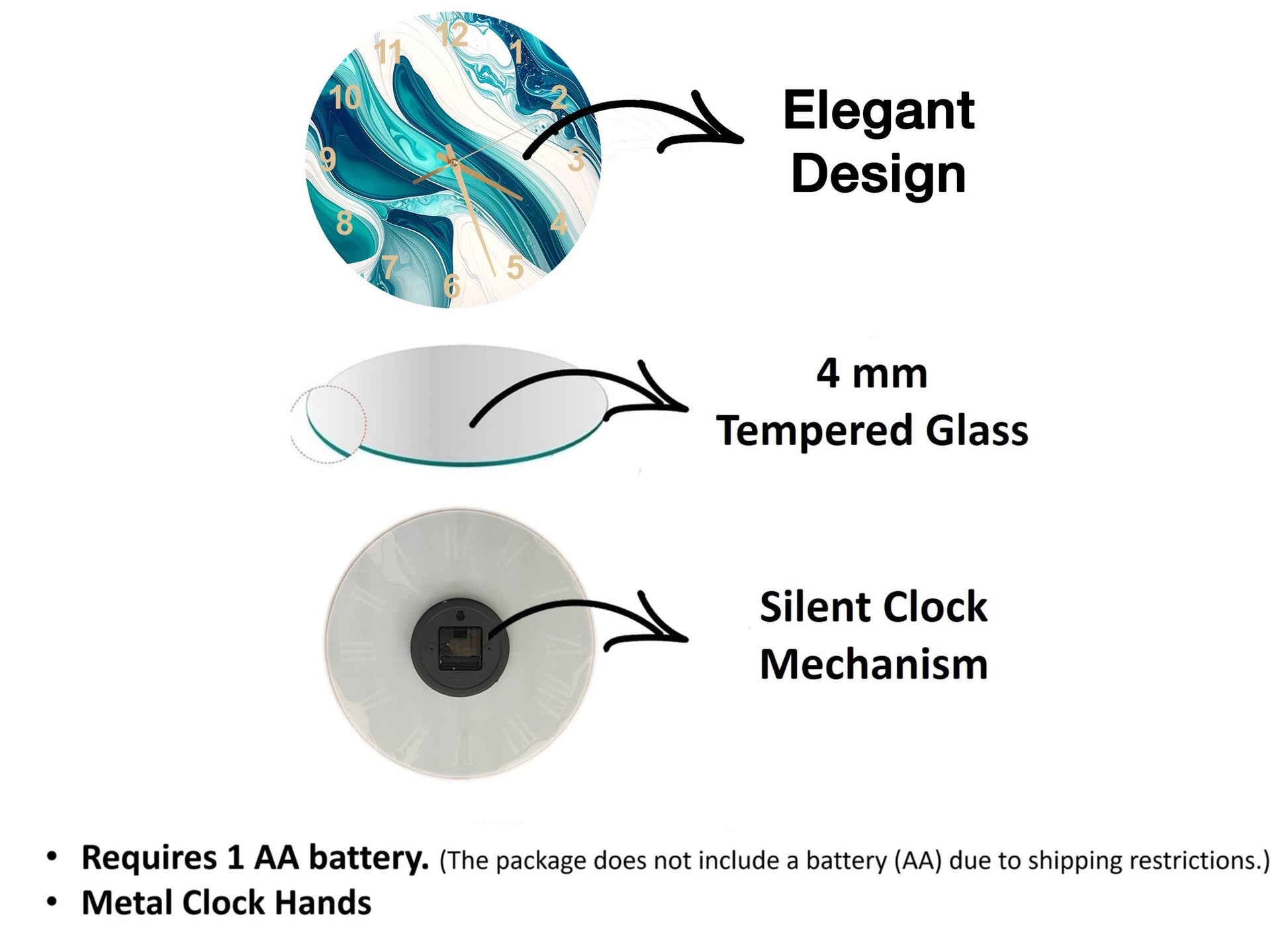 The image is a diagram that illustrates the features of a clock, including its design, size, and mechanism. It shows a 4 mm Tempered Glass clock, a silent clock mechanism, and a metal clock hand. The diagram also includes text that explains the features of the clock, such as the requirement of a 1 AA battery and the absence of a battery (AA) due to shipping restrictions.