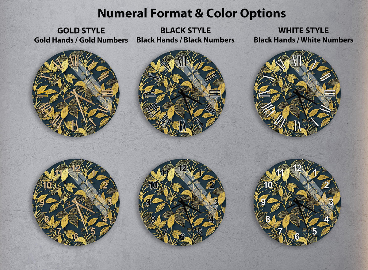 a collection of six wall clocks with different styles and color options, including gold hands and numbers, black hands and numbers, and white hands and numbers.