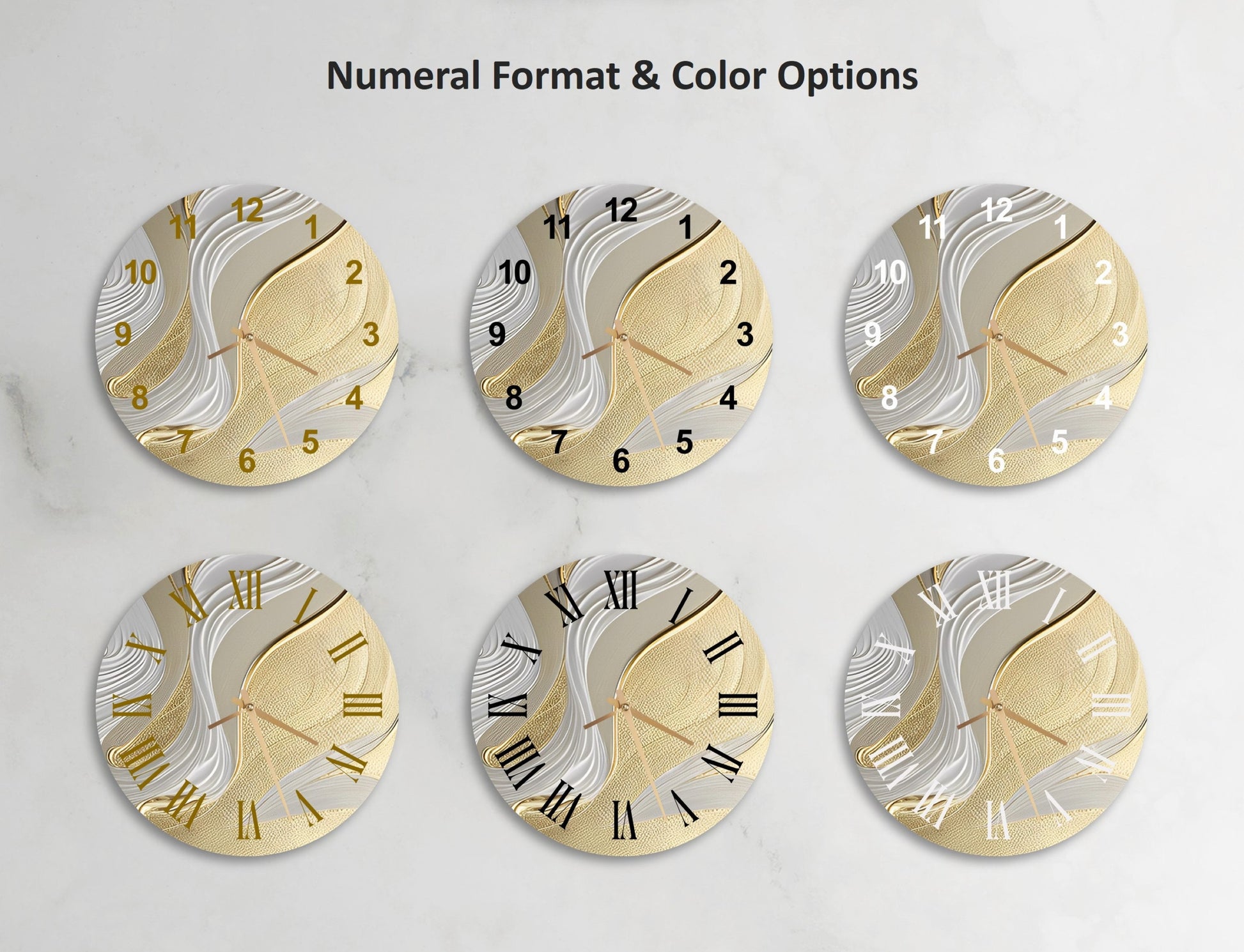 a set of four gold and white clocks with roman numerals