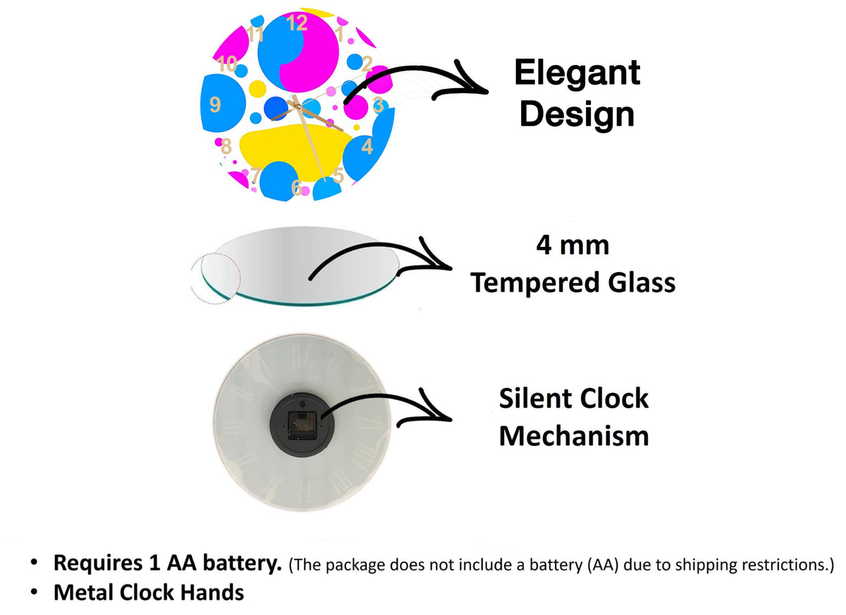 The image is a diagram that illustrates the features of a clock, including its design, materials, and mechanism.