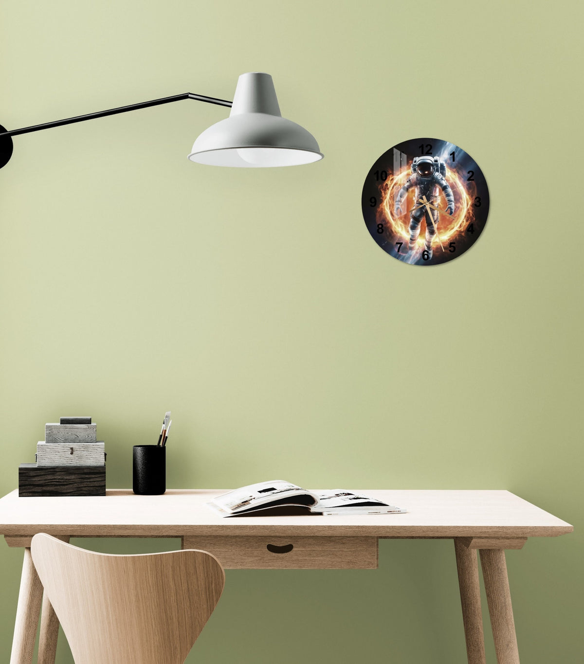 a desk with a chair and a lamp on it