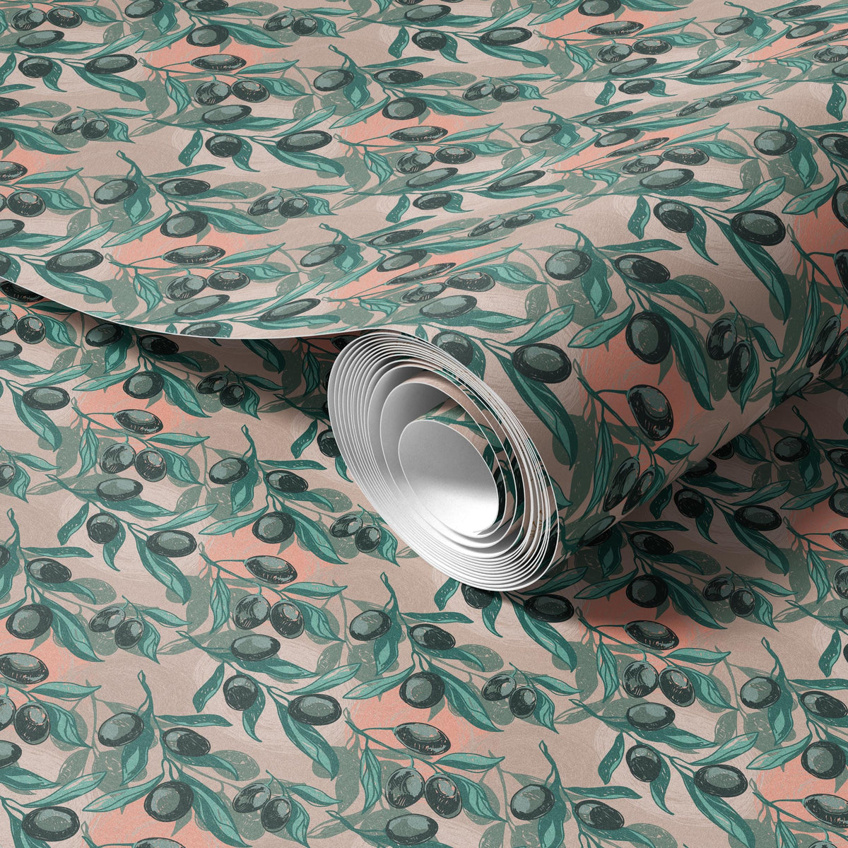 a roll of wallpaper with a repeating pattern of green leaves and black olives.