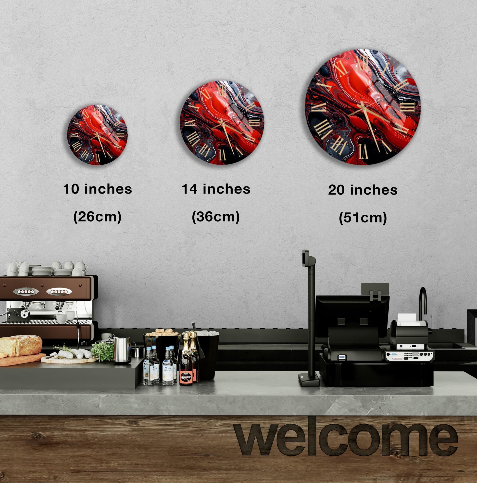 a coffee shop with three clocks on the wall