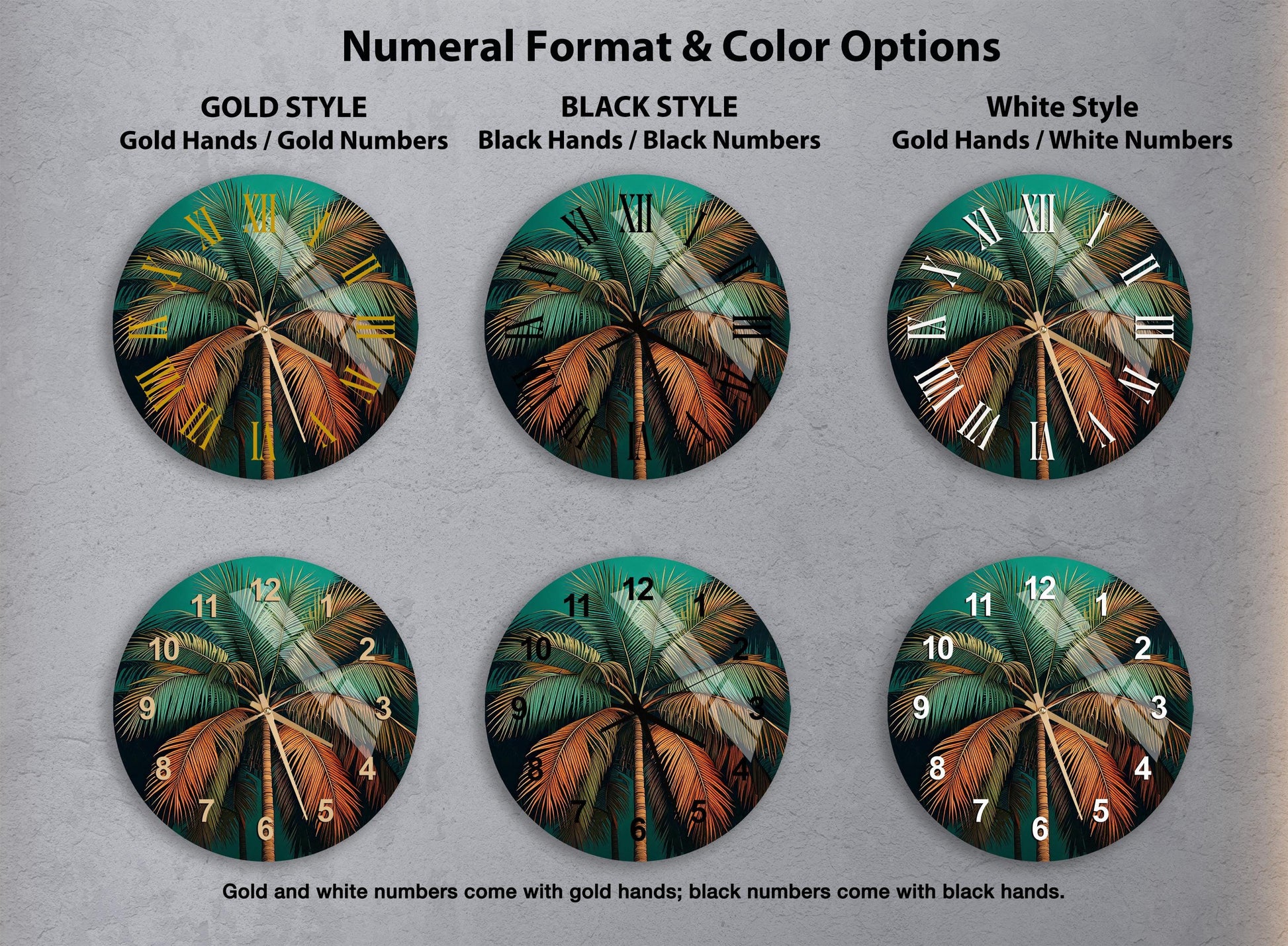 a set of four clocks with palm trees painted on them