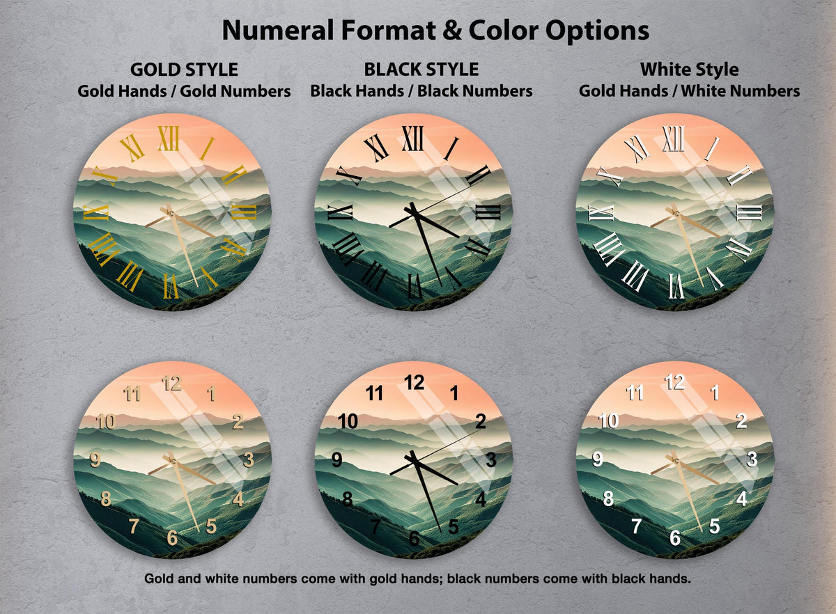 a set of four clocks with different designs on them