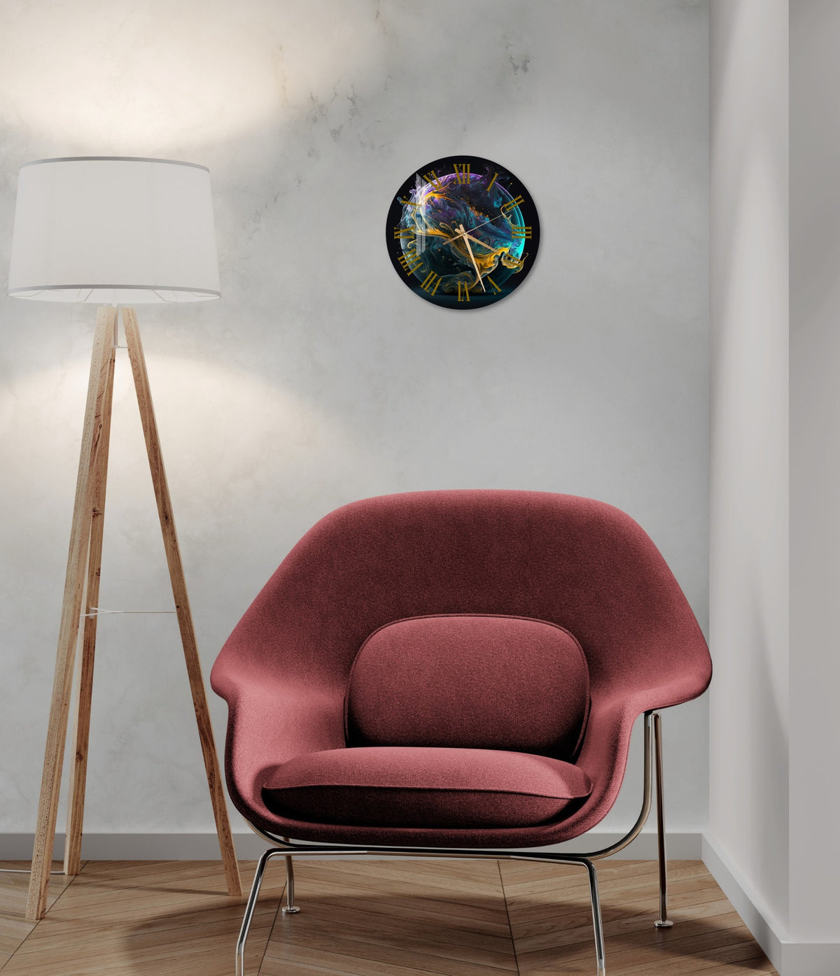 a living room with a chair and a lamp