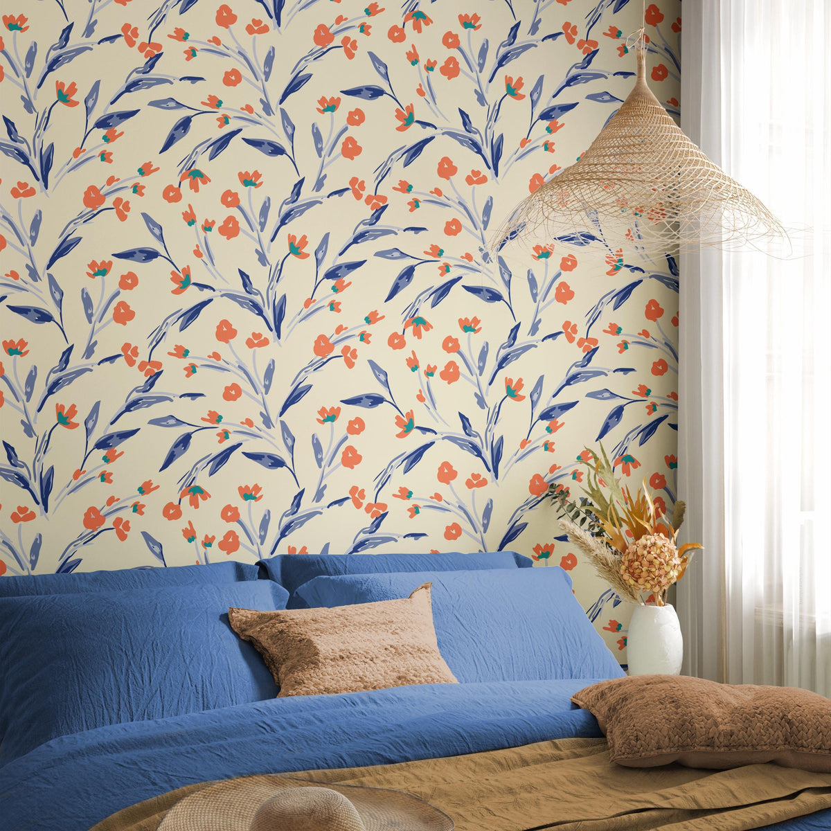 a bedroom with a blue bed, a decorative woven light fixture, and a vase of flowers on a nightstand.